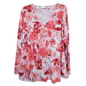 Susan Graver Floral Printed LiquidKnit Tunic with Chiffon Ruffle & Peplum Back M